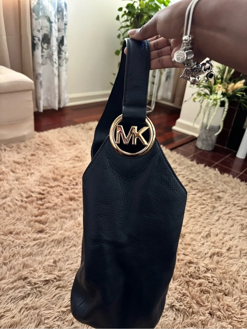 Michael Kors Black Pebbled Leather Hobo with Gold Hardware